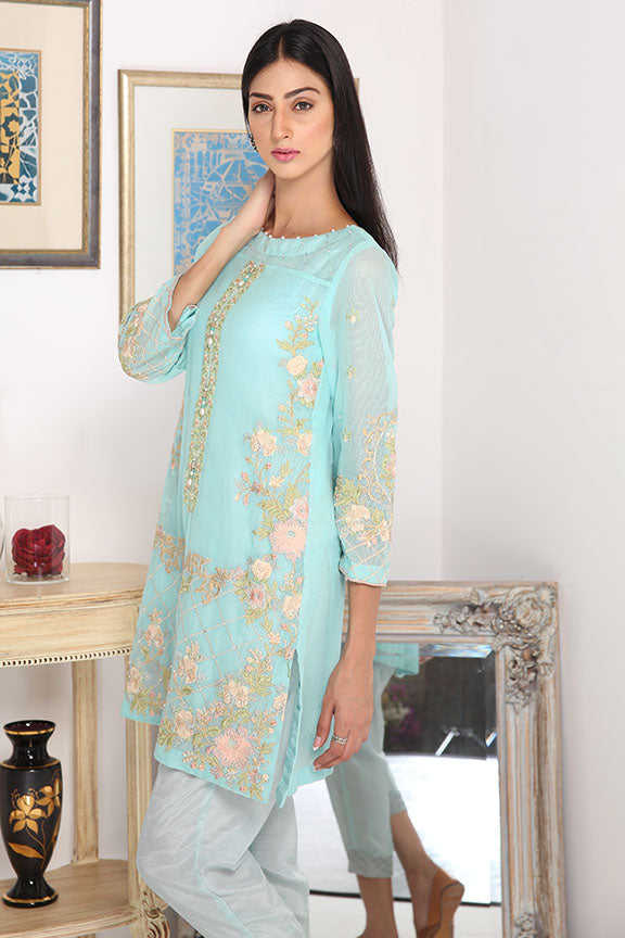 1746-SKY-BLUE EMBROIDERED COTTON NET STITCHED