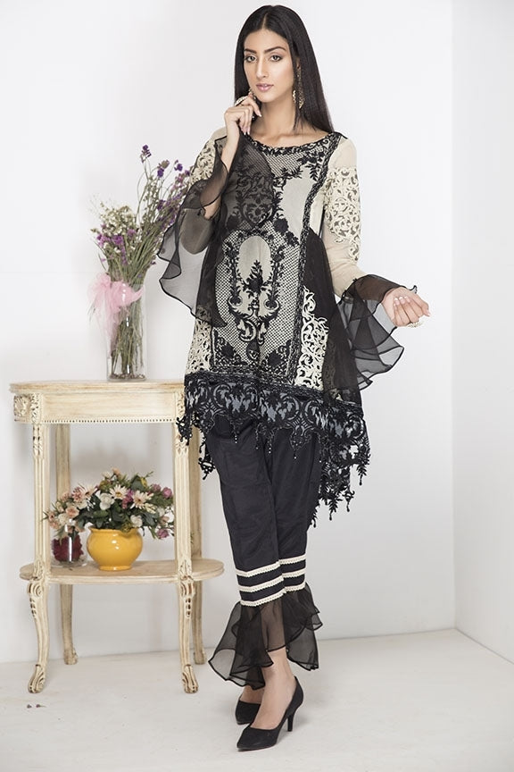 1748-BLACK-WHITE EMBROIDERED COTTON NET STITCHED