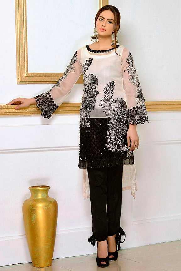 1891-BLACK-WHITE EMBROIDERED ORGANZA STITCHED