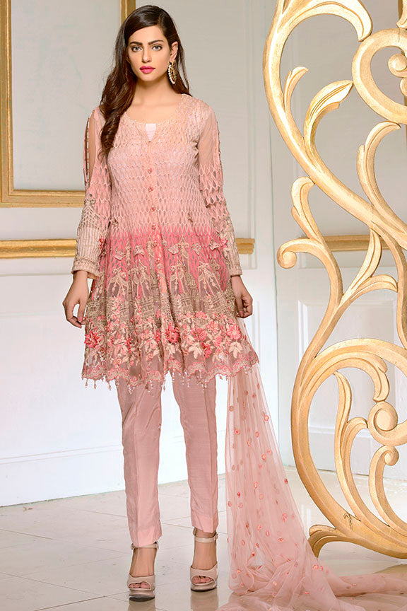 1892-PEACH EMBROIDERED SILK NET STITCHED