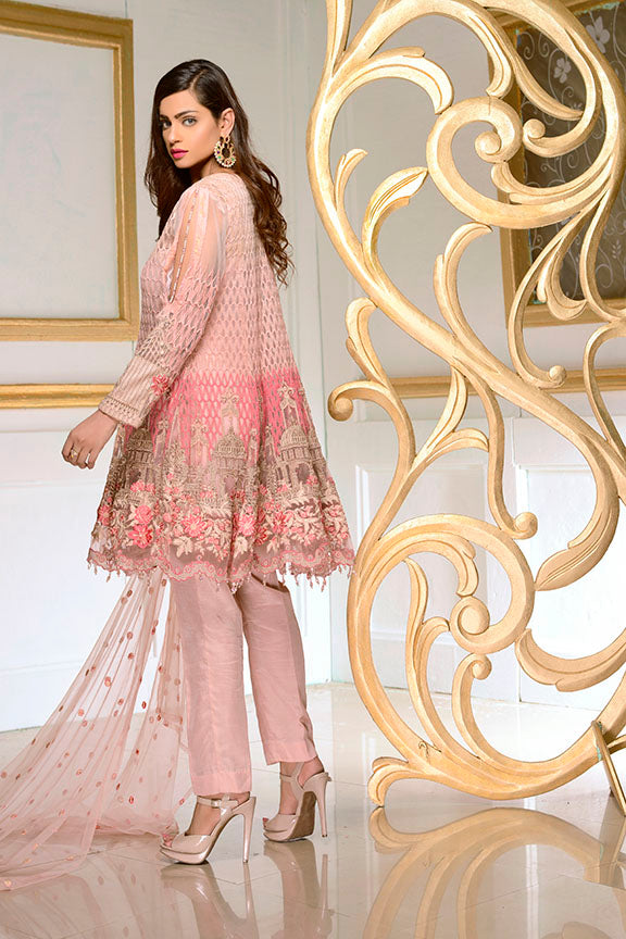 1892-PEACH EMBROIDERED SILK NET STITCHED
