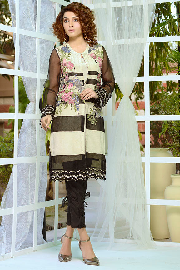 1895-BLACK-WHITE EMBROIDERED SILK STITCHED