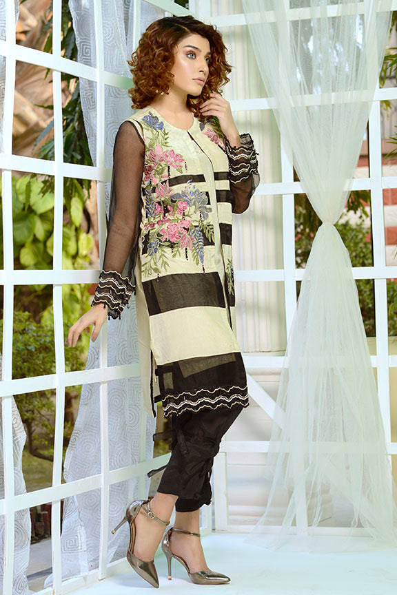 1895-BLACK-WHITE EMBROIDERED SILK STITCHED