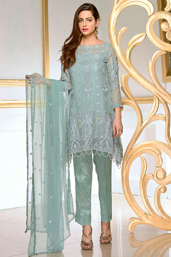 1898-GREYISH-GREEN EMBROIDERED BEMBERG CHIFFON STITCHED