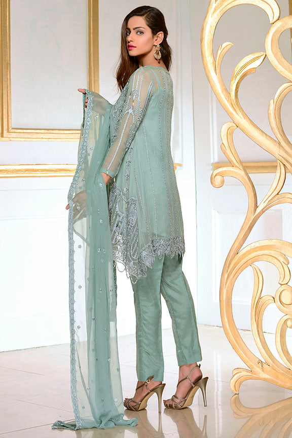 1898-GREYISH-GREEN EMBROIDERED BEMBERG CHIFFON STITCHED