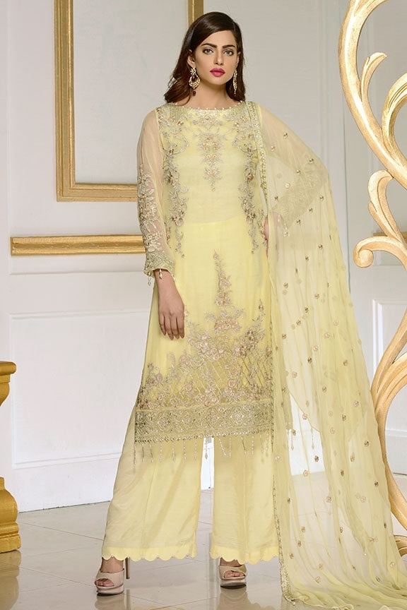 1936-LEMON-YELLOW EMBROIDERED BEMBERG CHIFFON STITCHED