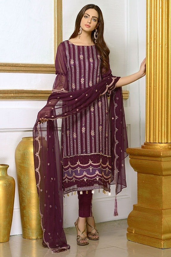 1937-PURPLE EMBROIDERED BEMBERG CHIFFON STITCHED