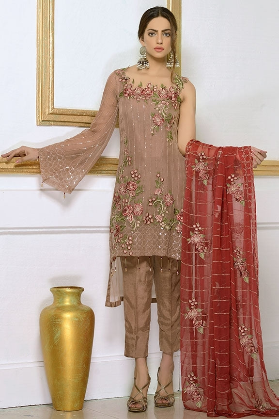 1938-BEIGE EMBROIDERED BEMBERG CHIFFON STITCHED