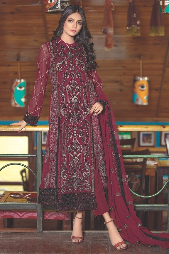 2017-MAROON EMBROIDERED BEMBERG CHIFFON STITCHED