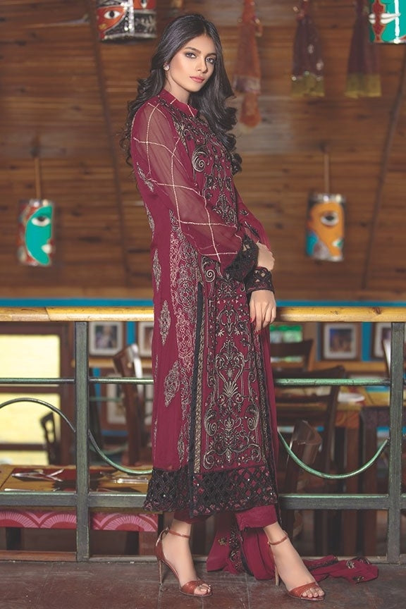 2017-MAROON EMBROIDERED BEMBERG CHIFFON STITCHED