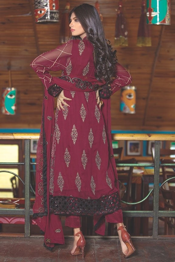2017-MAROON EMBROIDERED BEMBERG CHIFFON STITCHED
