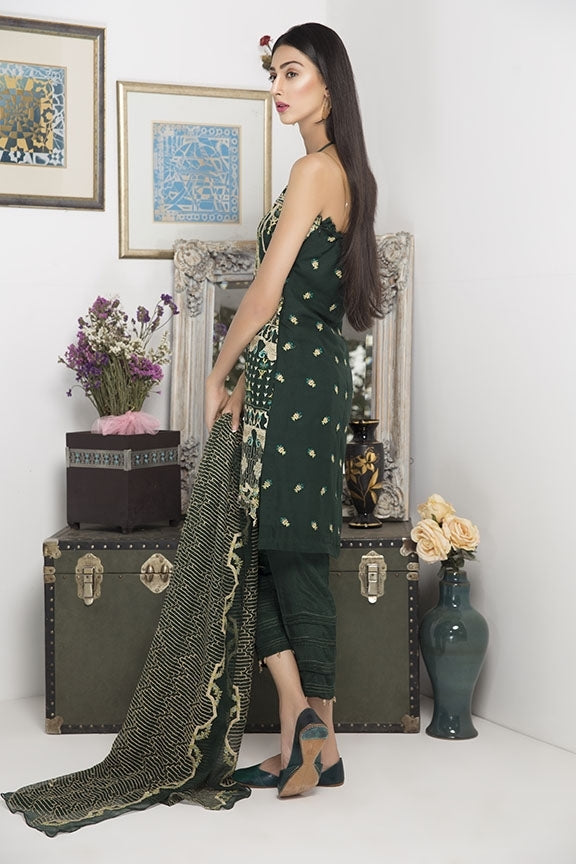 2020-BOTTLE-GREEN EMBROIDERED CRINKLE CHIFFON STITCHED