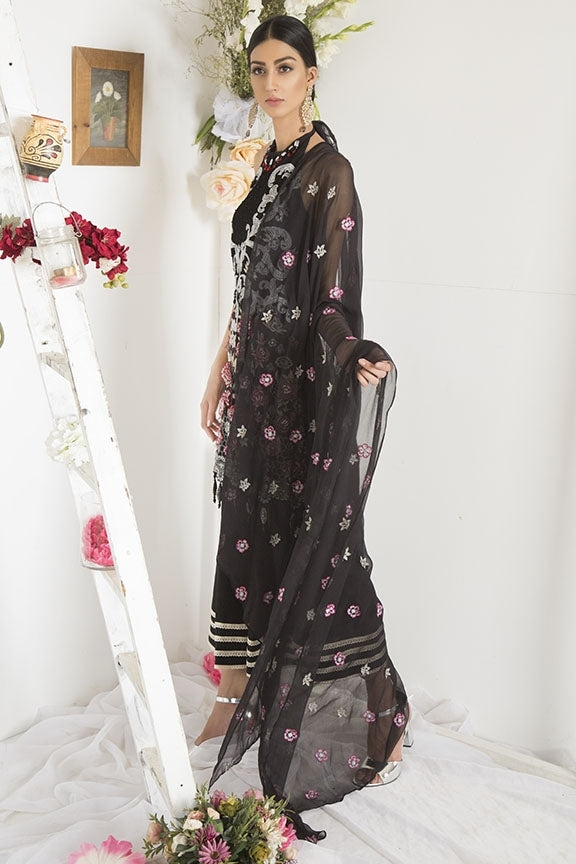 2100-BLACK EMBROIDERED CRINKLE CHIFFON STITCHED