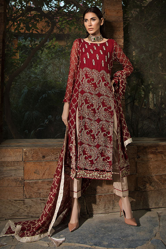 2151-SCARLET-RED EMBROIDERED BEMBERG CHIFFON UNSTITCHED