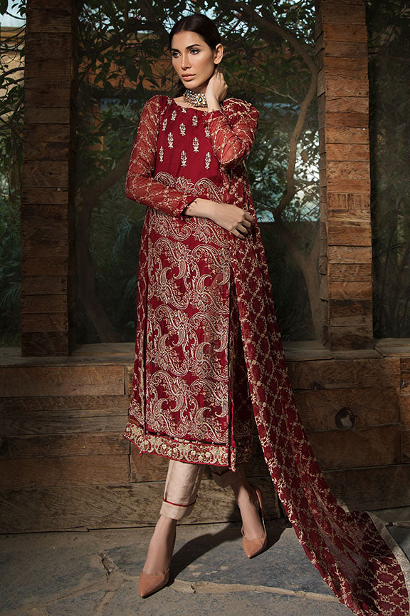 2151-SCARLET-RED EMBROIDERED BEMBERG CHIFFON UNSTITCHED
