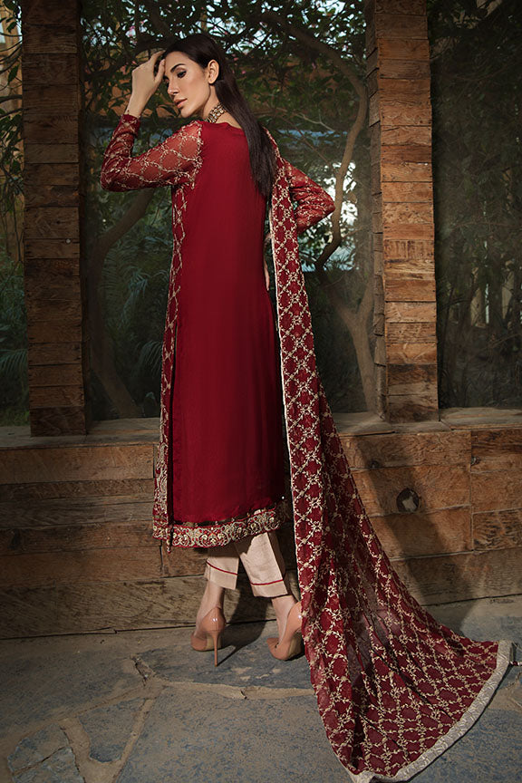 2151-SCARLET-RED EMBROIDERED BEMBERG CHIFFON UNSTITCHED