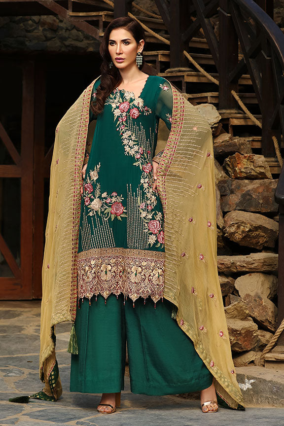 2153-FOREST GREEN EMBROIDERED BEMBERG CHIFFON UNSTITCHED