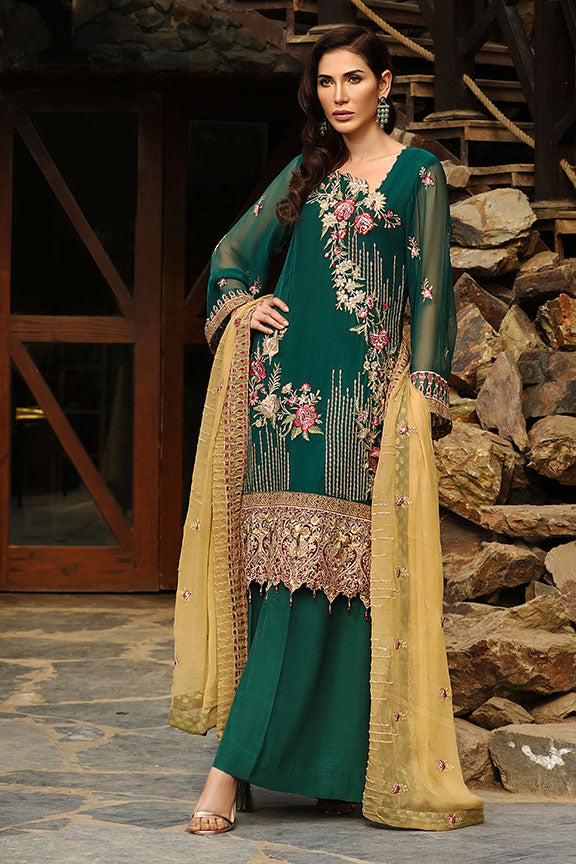 2153-FOREST GREEN EMBROIDERED BEMBERG CHIFFON UNSTITCHED