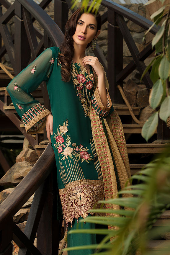 2153-FOREST GREEN EMBROIDERED BEMBERG CHIFFON UNSTITCHED