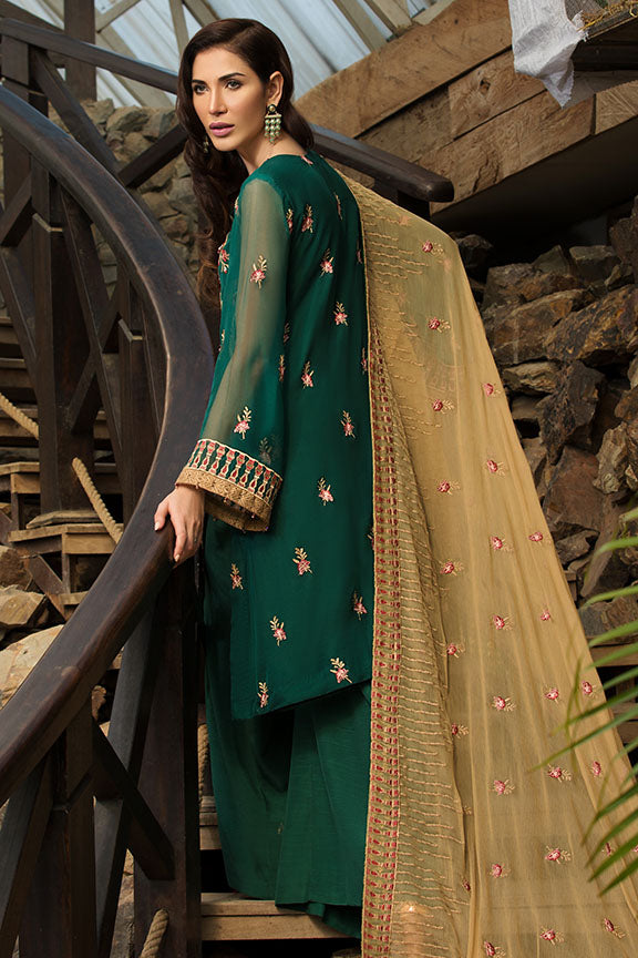 2153-FOREST GREEN EMBROIDERED BEMBERG CHIFFON UNSTITCHED