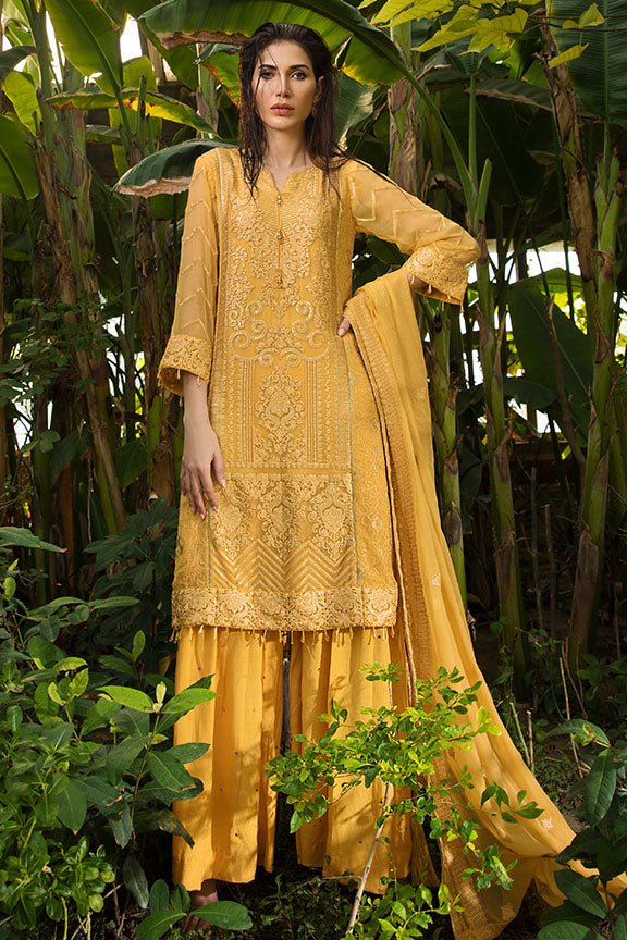2155-YELLOW-CORN EMBROIDERED BEMBERG CHIFFON UNSTITCHED