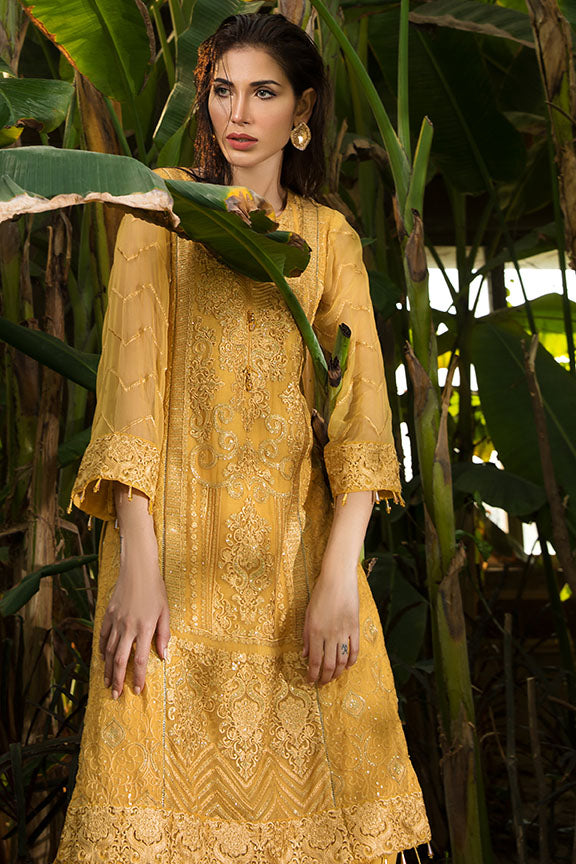 2155-YELLOW-CORN EMBROIDERED BEMBERG CHIFFON UNSTITCHED