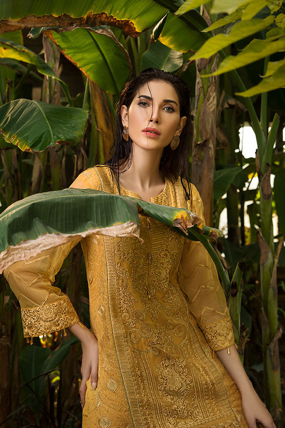 2155-YELLOW-CORN EMBROIDERED BEMBERG CHIFFON UNSTITCHED