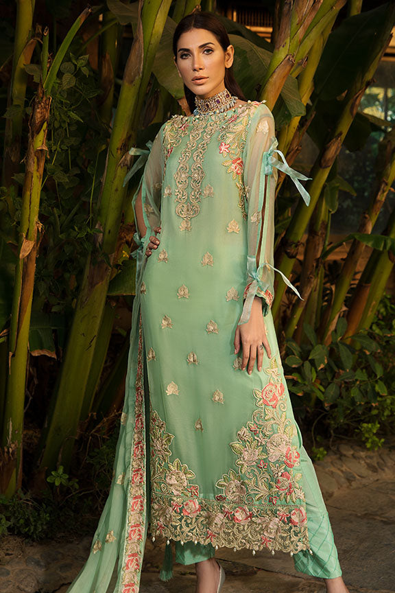 2156-MINT-GREEN EMBROIDERED BEMBERG CHIFFON UNSTITCHED