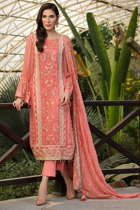 2157-CORAL-ROSE EMBROIDERED BEMBERG CHIFFON UNSTITCHED