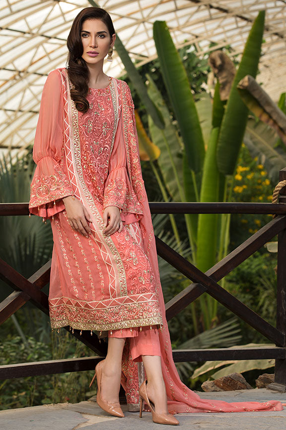 2157-CORAL-ROSE EMBROIDERED BEMBERG CHIFFON UNSTITCHED