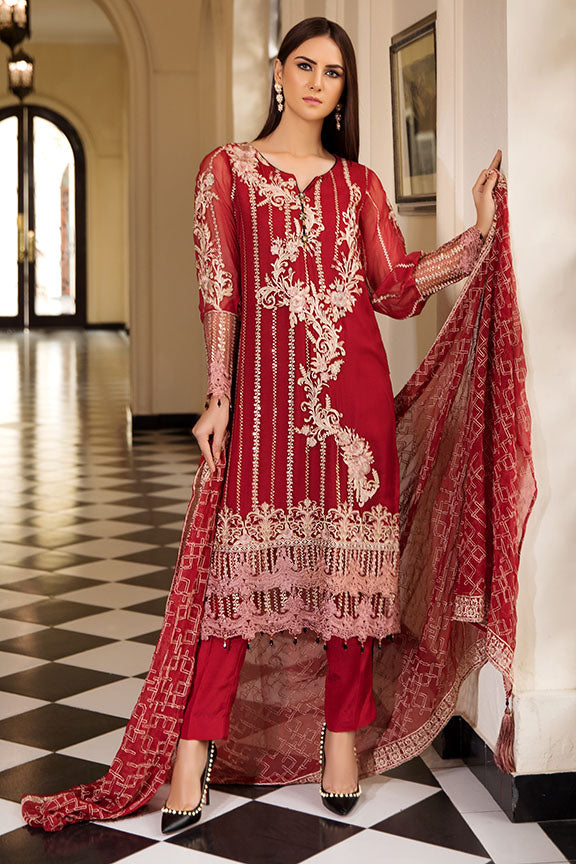 2158-CRIMSON-BLOOM EMBROIDERED BEMBERG CHIFFON UNSTITCHED
