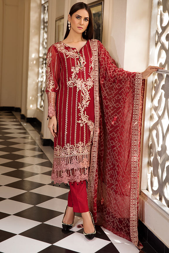 2158-CRIMSON-BLOOM EMBROIDERED BEMBERG CHIFFON UNSTITCHED