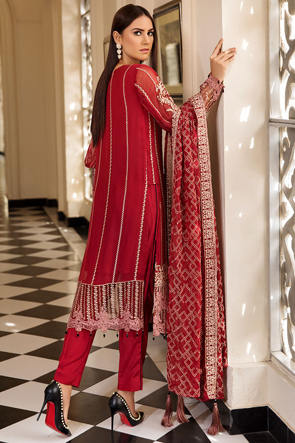 2158-CRIMSON-BLOOM EMBROIDERED BEMBERG CHIFFON UNSTITCHED