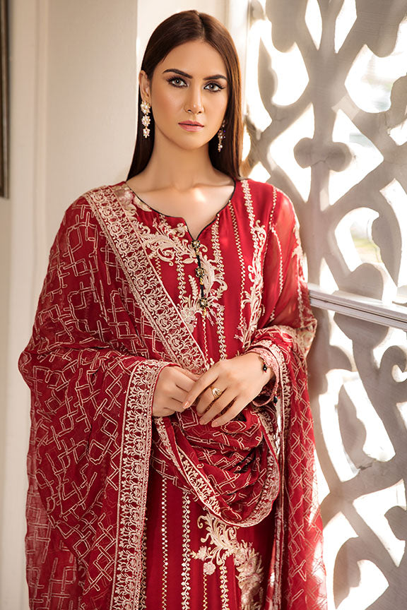 2158-CRIMSON-BLOOM EMBROIDERED BEMBERG CHIFFON UNSTITCHED