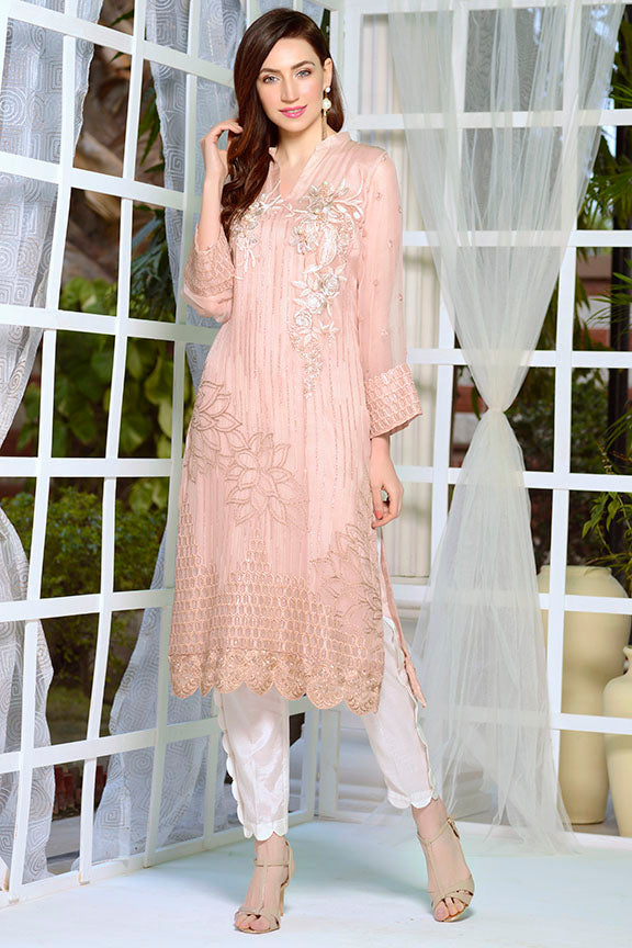 2171-POWDER-PINK EMBROIDERED BEMBERG CHIFFON STITCHED