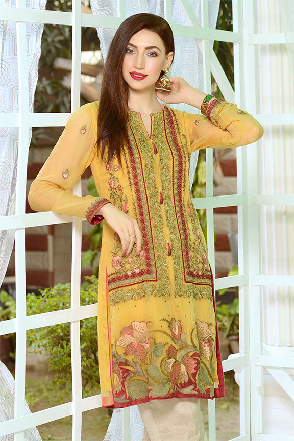 2173-GOLDEN-YELLOW EMBROIDERED BEMBERG CHIFFON STITCHED