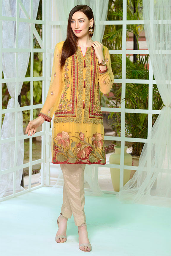 2173-GOLDEN-YELLOW EMBROIDERED BEMBERG CHIFFON STITCHED