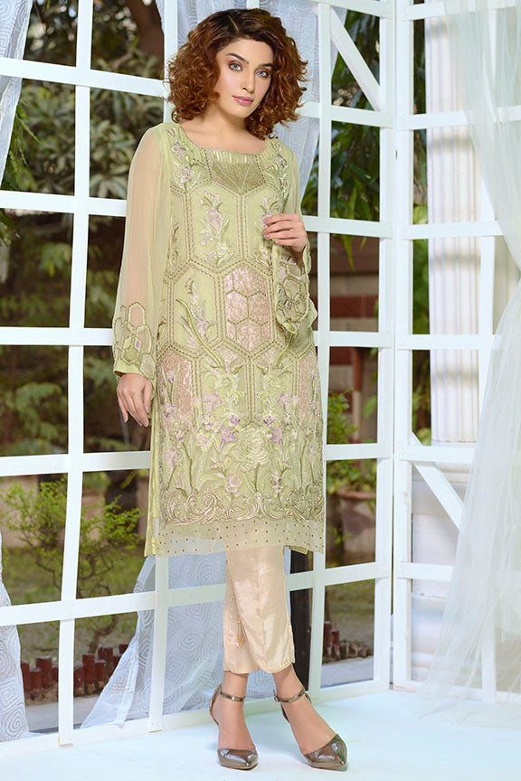 2175-OLIVE- GREEN EMBROIDERED BEMBERG CHIFFON STITCHED