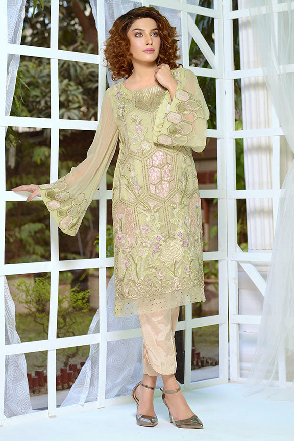 2175-OLIVE- GREEN EMBROIDERED BEMBERG CHIFFON STITCHED