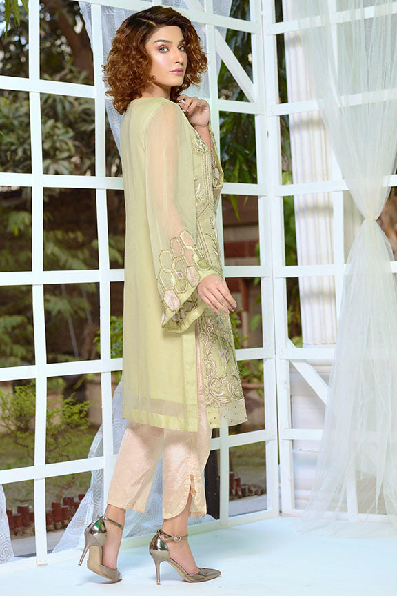 2175-OLIVE- GREEN EMBROIDERED BEMBERG CHIFFON STITCHED