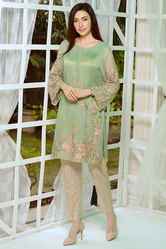 2176-ASH-GREEN EMBROIDERED BEMBERG CHIFFON STITCHED