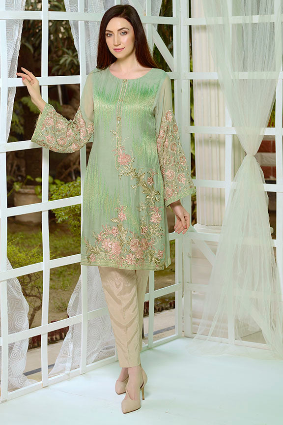 2176-ASH-GREEN EMBROIDERED BEMBERG CHIFFON STITCHED