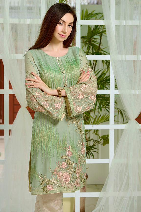 2176-ASH-GREEN EMBROIDERED BEMBERG CHIFFON STITCHED