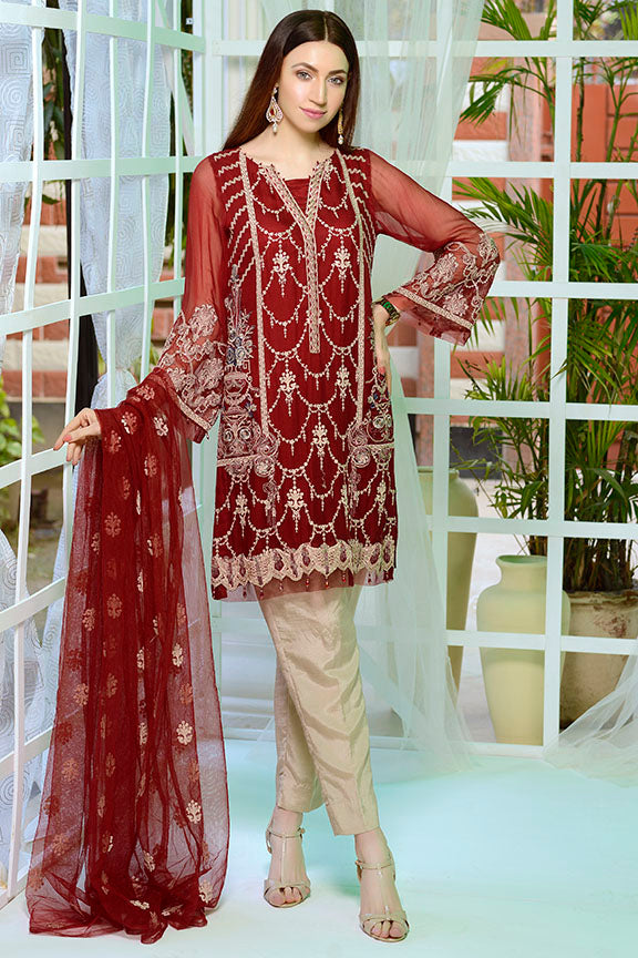 2177-MAROON EMBROIDERED BEMBERG CHIFFON STITCHED