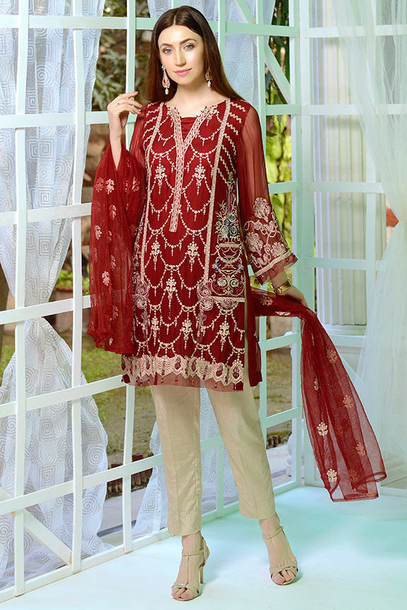 2177-MAROON EMBROIDERED BEMBERG CHIFFON STITCHED