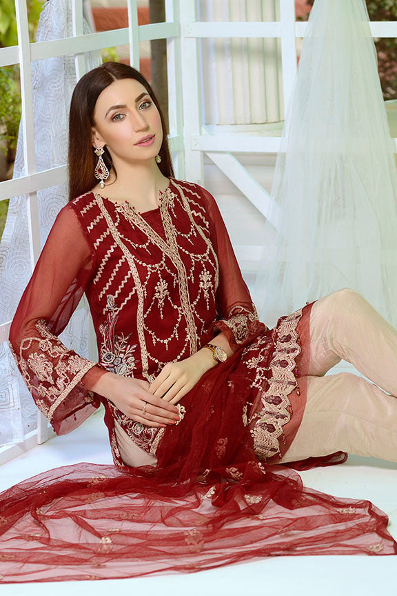 2177-MAROON EMBROIDERED BEMBERG CHIFFON STITCHED