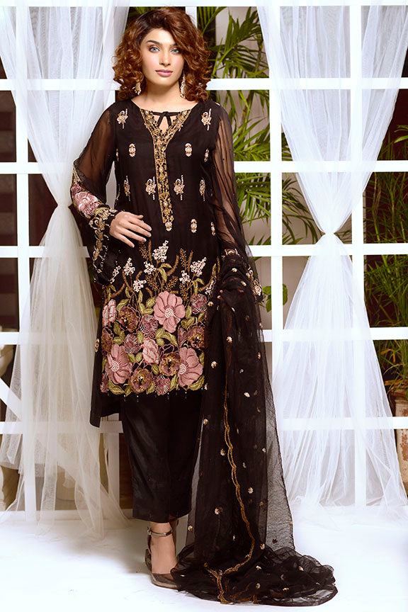 2180-BLACK EMBROIDERED BEMBERG CHIFFON STITCHED