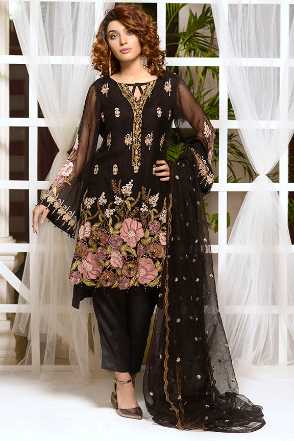 2180-BLACK EMBROIDERED BEMBERG CHIFFON STITCHED