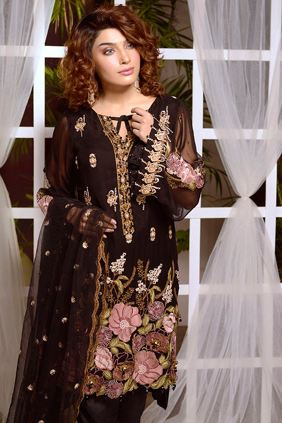 2180-BLACK EMBROIDERED BEMBERG CHIFFON STITCHED