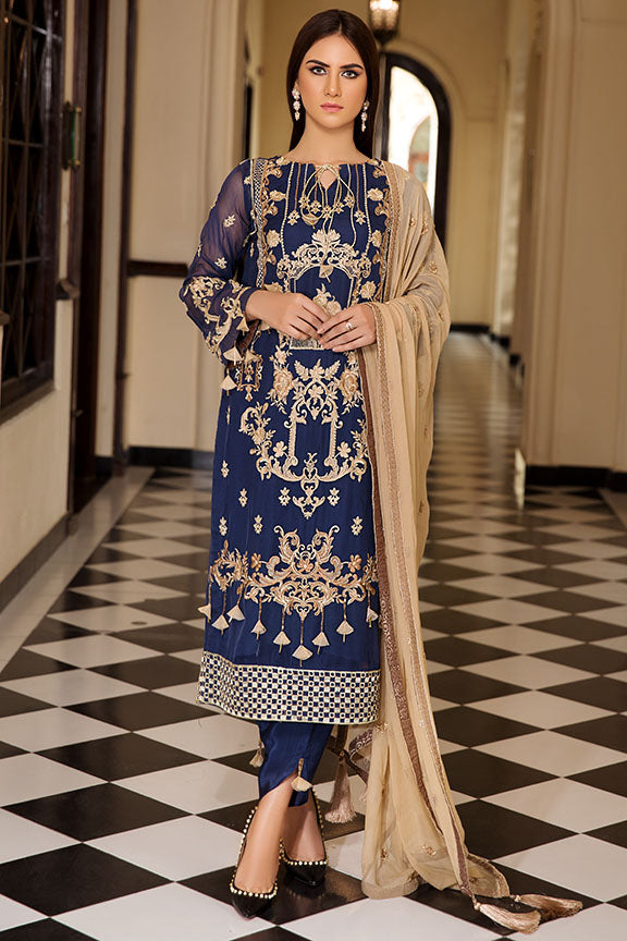 2182-BAROQUE-BLUE EMBROIDERED BEMBERG CHIFFON UNSTITCHED